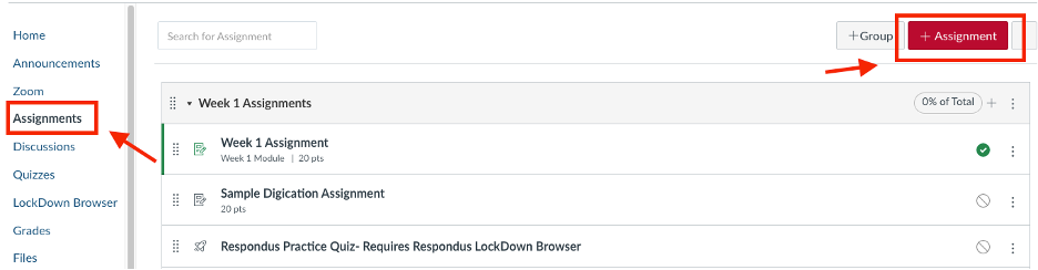 Click +Assignment to create an assignment in Canvas