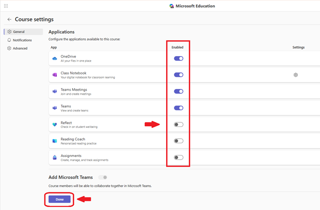 The image shows a "Course settings" interface in Microsoft Education, displaying a list of applications available for a course with toggle switches for enabling or disabling each app. There is also a blue "Done" button at the bottom.