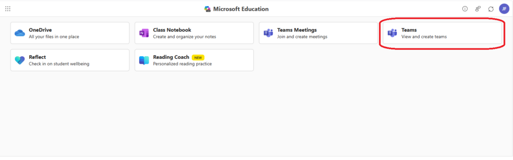 A Microsoft Education interface displaying different tools: OneDrive, Class Notebook, Reflect, Reading Coach, and Teams, with "Teams" highlighted for viewing and creating teams.